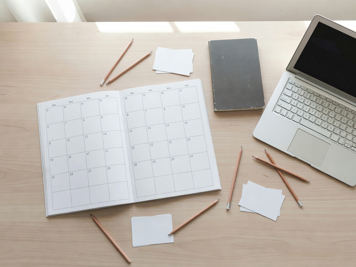 Overhead view of a quarterly planning desk with calendar, notebook and laptop
