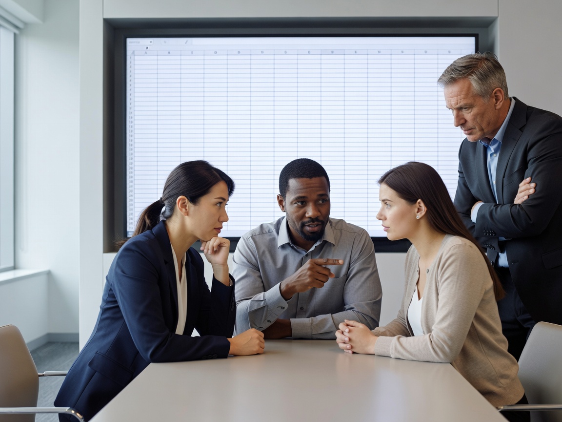 Small team reviewing an annual budget spreadsheet on a large screen